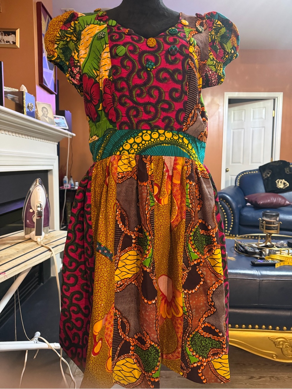 Handmade Vibrant Mixed-Print Short Sleeve Dress in Yellow, Pink & Green